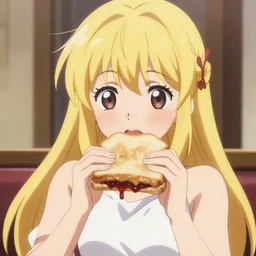 angelic anime girl eating peanut butter jelly sammich