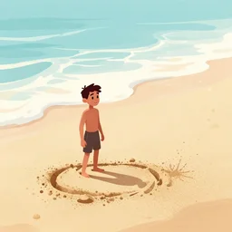 a full shot of a little man made of sand, standing on a beach, slowly eroding due to wind, dramatic lighting, maximalist pastel color palette, splatter paint, pixar and disney concept, graphic novel by fiona staples and dustin nguyen, peter elson alan bean wangechi mutu, clean cel shaded vector art, on artstation