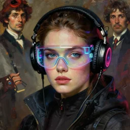 neon cyberpunk hacker with glowing geordi visor over eyes and headphones headshot portrait painting by donato giancola, rhads, loish, alphonse mucha, mead schaeffer fashion photography