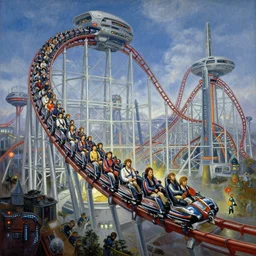 a sci - fi futuristic majestic amusement park with biggest rollercoaster rides, cyberpunk, by chesley bonestell, by john berkey, by dean ellis, by peter elson, by ed emshwiller, oil on canvas, masterpiece, trending on artstation, featured on pixiv, brilliant lighting, sharp, detailed, hd,