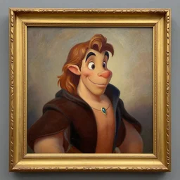 detailed oil painting of disney's quasimodo. the painting is in a gold frame.