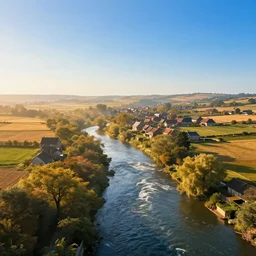 river flowing past a country village, flat fields in the background, blue sky, fantasy, concept art, high angle, highly detailed, warm lighting, volumetric, godrays, vivid, trending on artstation, by jordan grimmer, greg rutkowski