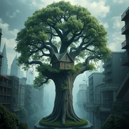 a tree with a wide trunk a house in the center of the tree, planted in the middle of a city with high details, digital art, artstation, cinematografi