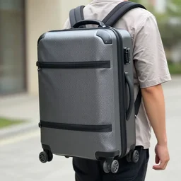 a person, wearing a wheelie suitcase as a backpack