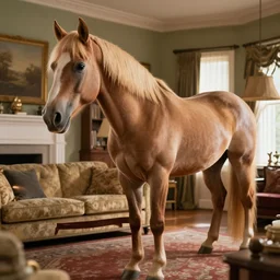 emma watson transforming into a blonde horse in the middle of a living room, anthropomorphic mare