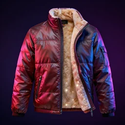 autumn season jacket with led skin and fluffy lining, product shot, dark background, neon lighting