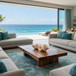 A modern living room in a ocean hues style next to a big terrace overlooking the ocean, a luxurious wooden coffee table with large seashells on top in the center, amazing detail, 8k resolution, inspired by the ocean, calm, relaxed style, harmony, wide angle shot