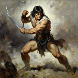 Conan the Barbarian in battle by Frank Frazetta, oil painting, detailed, proportional, trending on art station, 4k