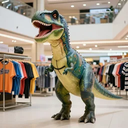 a dinosaur wearing 80s clothes at the mall