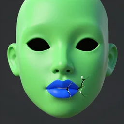green human face with open black eyes and blue lips as broken 3 d meshes