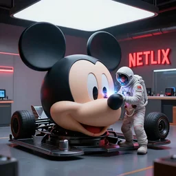 futuristic race car mechanics with astronaut helmets on their heads!! welding surgery on a huge mickey mouse doll head that is dripping blood from cheek! red netflix neon office sign in background, beeple!!, minimal, movie still in in private car garage, dystopian
