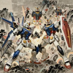 an intense Gundam mecha fight, in the style of Qi Baishi, traiditional Chinese painting, telltale style, realistic 4k octane beautifully detailed render, 4k post-processing, highly detailed, intricate complexity, epic composition, magical atmosphere, cinematic lighting, masterpiece, ultra hd