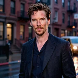 night flash portrait photography of benedict cumberbatch on the lower east side by annie leibovitz, colorful!!, nighttime!, raining!
