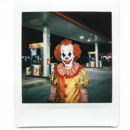 creepy clown at gas station at night, polaroid, analog photograph, 8 mm, found footage
