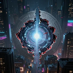 otherworldly tear in reality, glitch in reality, rip in space-time in a cyberpunk city, trippy tear in reality, glitched portal to another plane, unreal engine, octane render, extreme detail, etchings and runes, tear in reality in a massive cyberpunk neon city, 8k, sharp details