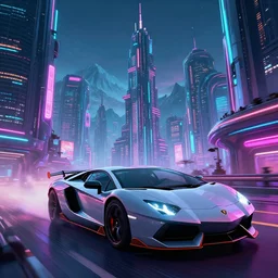 epic professional digital art of synthwave lamborghini driving through neon cyberpunk futuristic city towers, mountains in background, intricate, detailed, tron movie style, wlop, pixiv