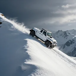 white jeep wrangler driving up steep snowy mountain ridge on edge of a cornice, high quality digital art, dramatic lighting, cinematic, photo realism