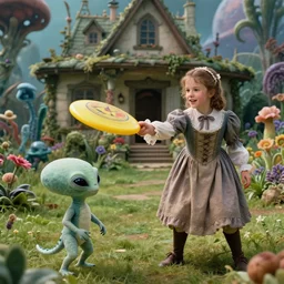 detailed, sharp, a boy and a girl playing frisbee with their cute pet humanoid alien creature, wearing 1850s era clothes, in the garden of a house on an alien planet with strange alien plants and flowers growing, extremely highly detailed, in focus faces, 70 mm film still from a blockbuster period sci fi color movie, 4k, HD, cinematic lighting