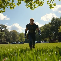 photo still of thanos touching grass, 8 k, sunny day in a park in new avengers movie