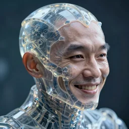 hyperrealistic close-up translucent gothic exoskeleton!! smiling chinese man covered highly detailed concept art eric zener elson peter cinematic side soft blue light high angle hd 8k sharp shallow depth of field