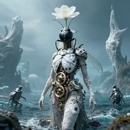 by wesley burt and basil gogos, visually stunning, cinematic, ultra realistic, hyper realism, 1 2 k, epic, octane render, unreal engine, vfx, maya, clockwork demeter : from the new science fiction movie, snow queen : cthulhu rising from the ocean, beetling black and white insect with a white flower on its head : biomorphic