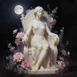 digital art naive painting sculpture of a white woman seated on a throne in flowers at night art by yumingli, soft beige pink purple, moonlight, dark shadows, gumroad, artstation, black background
