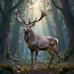 photo of an hyper realistic arcanic, celestial highly detailed stag, in a magical highly detailed forest background. sunlight rays throught the trees.