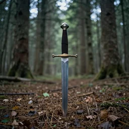 A forest with a sword in the ground in the center