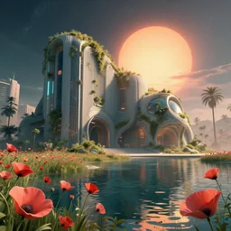 urbex by kazuyo sejima, cgsociety galactic retrowave san andreas darkacademia futuristic sunlight vaporwave water nature morning sun matte painting poppy, archdaily, wallpaper, highly detailed, trending on artstation.