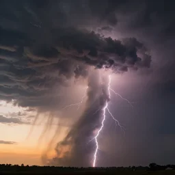a photograph of a f4 tornado, thunderstorm supercell, lightning bolts, illuminated from various angles by the setting sun, cinematic, dramatic lighting, clouds mystic hue