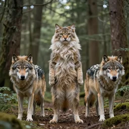 furry cat woman in a forest 8! b! 4! with real wolves