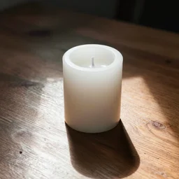 a white candle on a wooden table. harsh lighting