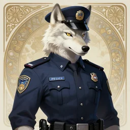 photography of a male anthropomorphic albino wolf fursona wearing a modern police uniform, deep focus, intricate, elegant, highly detailed, digital painting, artstation, concept art, matte, sharp focus, illustration, art by artgerm and greg rutkowski and alphonse mucha