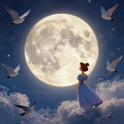 matte painting of a full moon with a man face, surrounded by clouds, birds eye view, highly detailed, disney, style of maxfield parrish, in the style of lady and the tramp