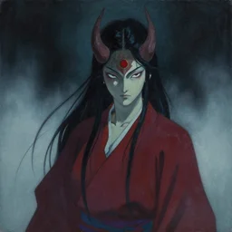 painting of takaonna yokai, misty night, beautiful! coherent! by brom, deep colors, strong lines, high contrast