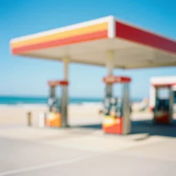 blurry vibrant dream like photo of a gas station on a beach at broad daylight taken using dream recording device