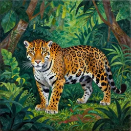 a velvet painting of a colorful jaguar in a jungle scene by edgar leeteg