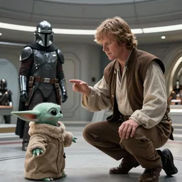 Luke Skywalker teaches Grogu at Jedi Temple scene from the Mandalorian 2022, serene, iconic scene, stunning cinematography, anamorphic lenses, kodak film
