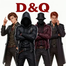 four characters, a grifter, a hacker, a thief, and a mastermind in the style of a d & d cover