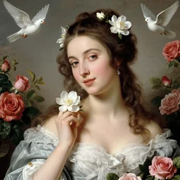 jasmine tookes, the goddess of love : : background of roses, myrtle, doves : : rococo, academicism, hyperreal