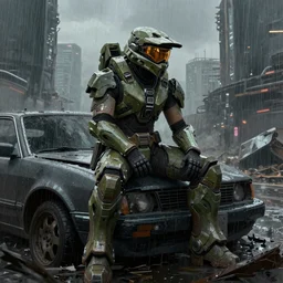 character portrait of a female warrior in halo spartan armor sitting on a broken car in a desolate cyberpunk wasteland city, 8 k, realistic shading, concept art, digital painting, illustration, matte painting, moody lighting, sharp focus, minimal artifacts, wet, heavy rain, rainstorm