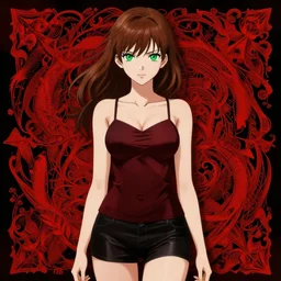 perfect woman with brown hair and green eyes, wearing a camisole and shorts, red and black color palette, in the style of and ilya kuvshinov and greg rutkowski, high quality anime artstyle, intricate