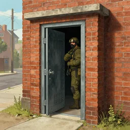 award winning, detailed illustration of a hidden alcove built into the bricks on the side of the safe house. from within it, a crewmember could watch the street for signs of danger.