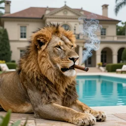 a very detailed photo of a lion ( smoking a cigar ) outside the mansion by the pool