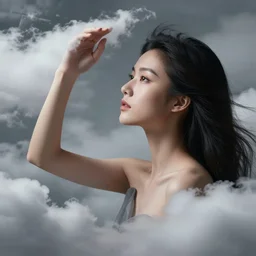 photo of a gorgeous young asian girl , searching for eternity, made of clouds, duality  in the style of stefan kostic, hyper realistic, sharp focus, 8k high definition, high fashion, vogue, insanely detailed, intricate, elegant, art by stanley lau and artgerm