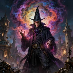 a young man, evil wizard, intricate colorful cosmic smoke magic, victorian steampunk city vista, hyperrealism, extremely detailed, style of mark ryden, earl nore, hyung tae, frank frazetta