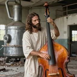 jesus playing the double bass in an abandoned cookie factory, highly detailed award winning photography
