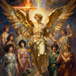 glorious beautiful painting of male angel with flaming sword and golden wings, heavenly background and heavenly light, chiseled abs, by Alphonse Mucha, Ayami Kojima, Amano, Charlie Bowater, Karol Bak, Greg Hildebrandt, Jean Delville, and Mark Brooks, Art Nouveau, Pre-Raphaelite, Neo-Gothic, gothic, Art Nouveau, rich deep moody colors