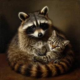 a racoon cuddling a cat as a painting from caravaggio
