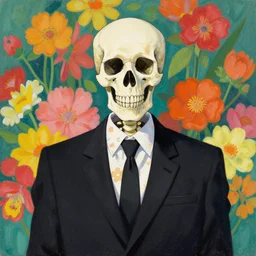 portrait of a skeleton in a black suit and tie with flower shirt, vivid flower background by Jen Bartel and Dan Mumford and Satoshi Kon, gouache illustration